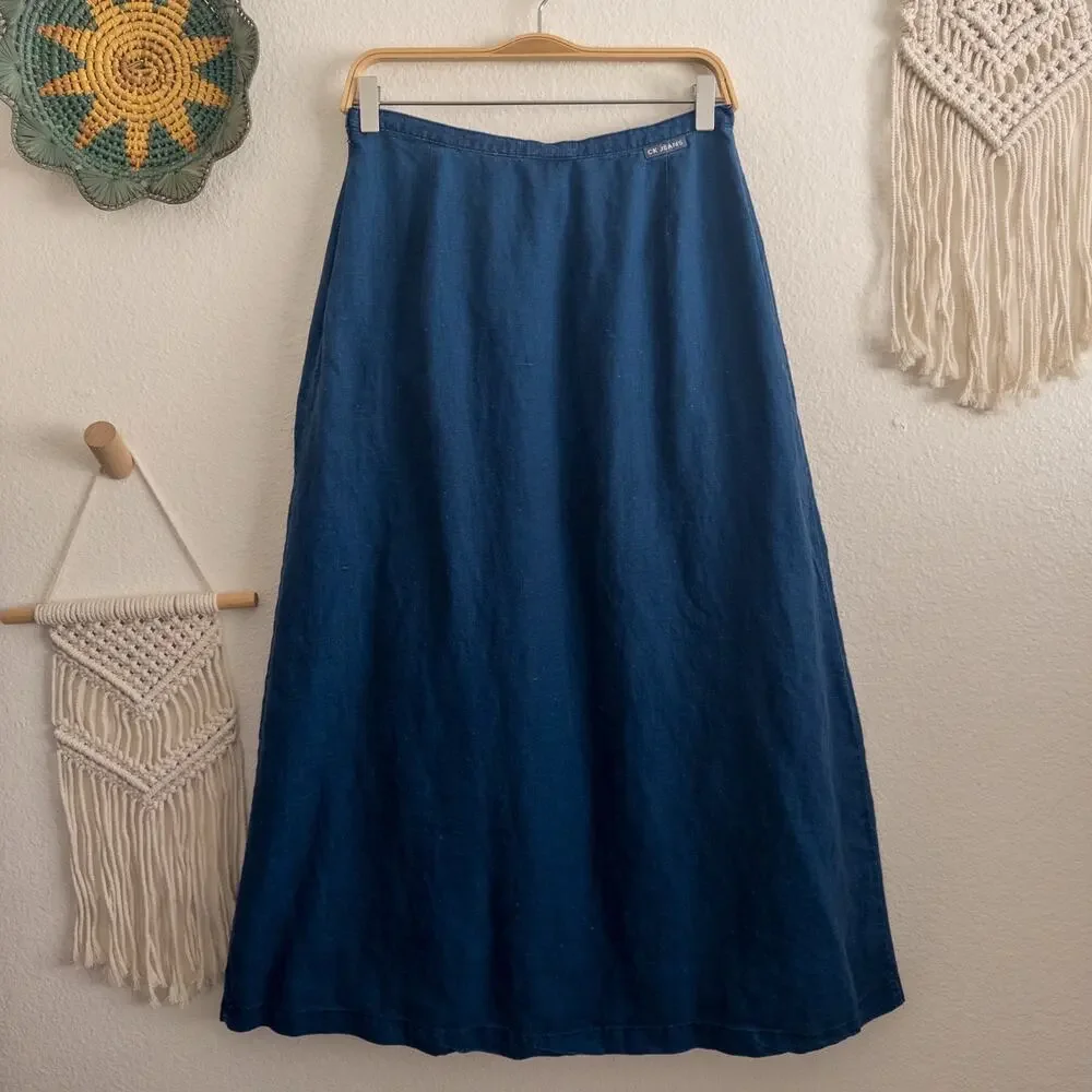 Calvin Klein CK Jeans Size 10 Blue Linen Faux Wrap Maxi Skirt Vintage